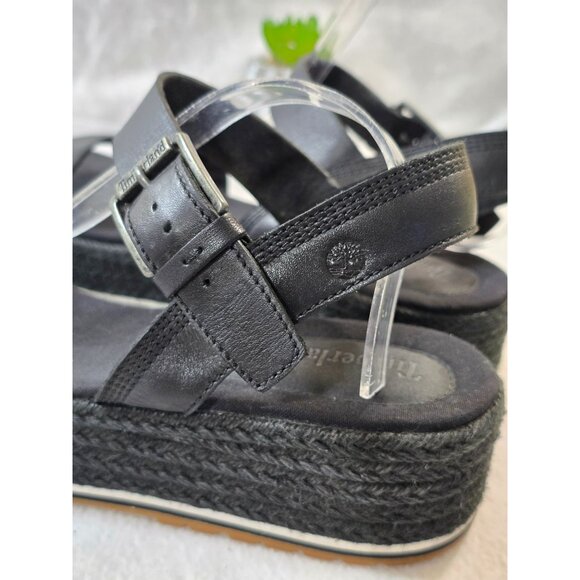Timberland Womens Black Leather Espadrille Platform Sandals Size 11 Adjustable - Picture 6 of 13